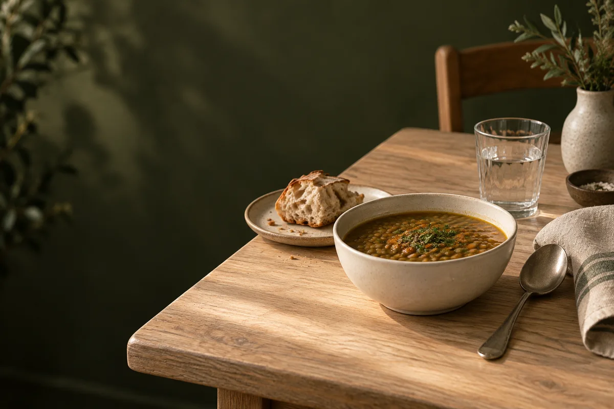 Lentil soup, bread and a glass of water on a softly lit dining table