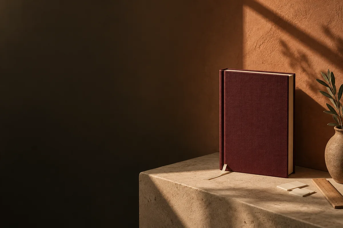 A closed burgundy book and an ivory bookmark on a sandstone shelf