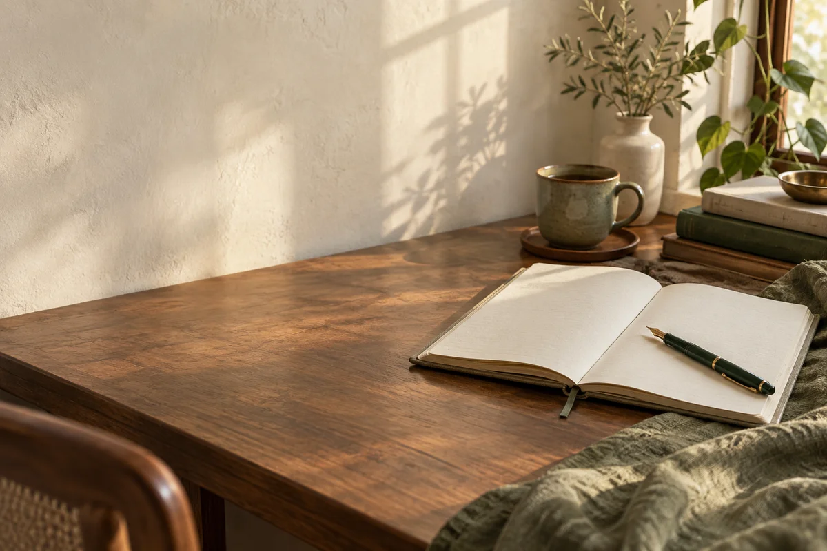 A blank notebook and green pen on a sunlit wooden desk