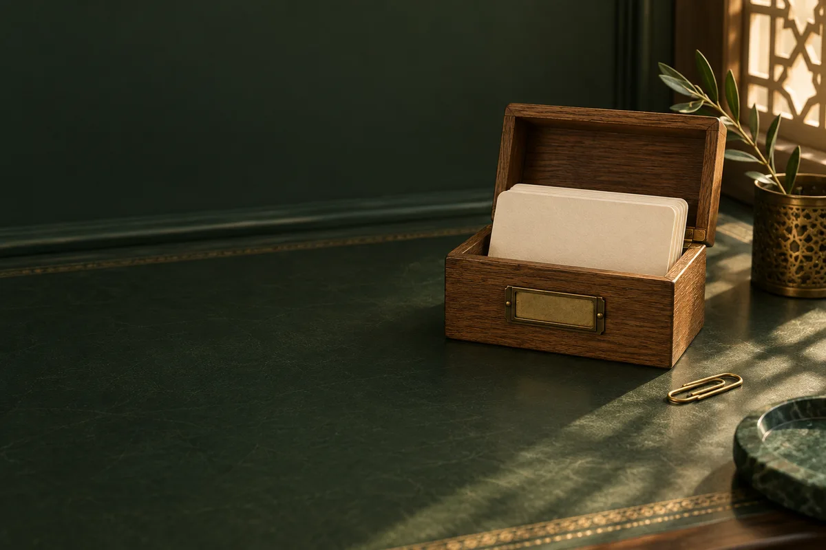 Blank ivory index cards in an open wooden box on a green writing desk