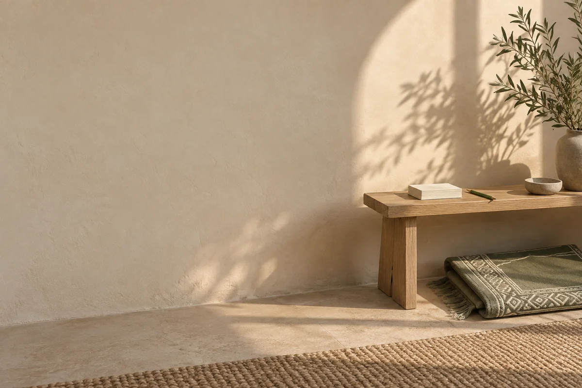 Blank planning cards on an oak bench beside a folded green prayer mat
