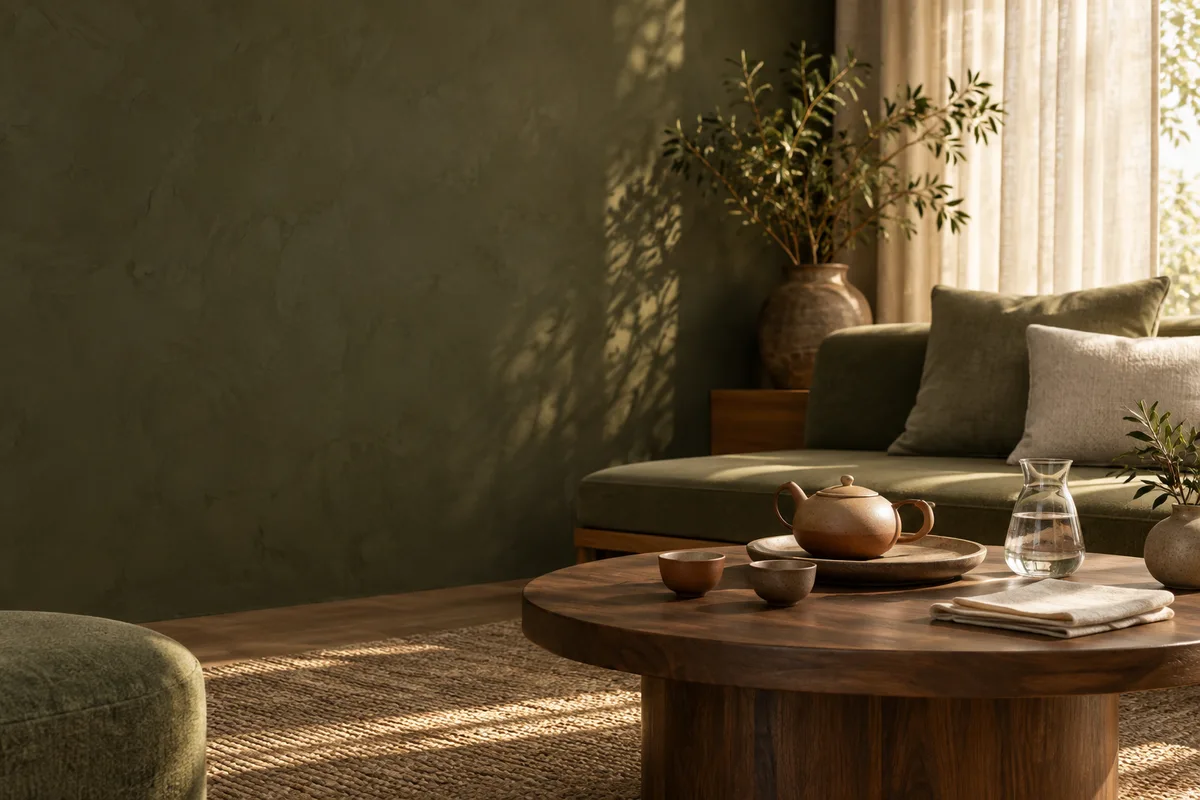 A terracotta teapot and two cups beside a green seat in a sunlit sitting room