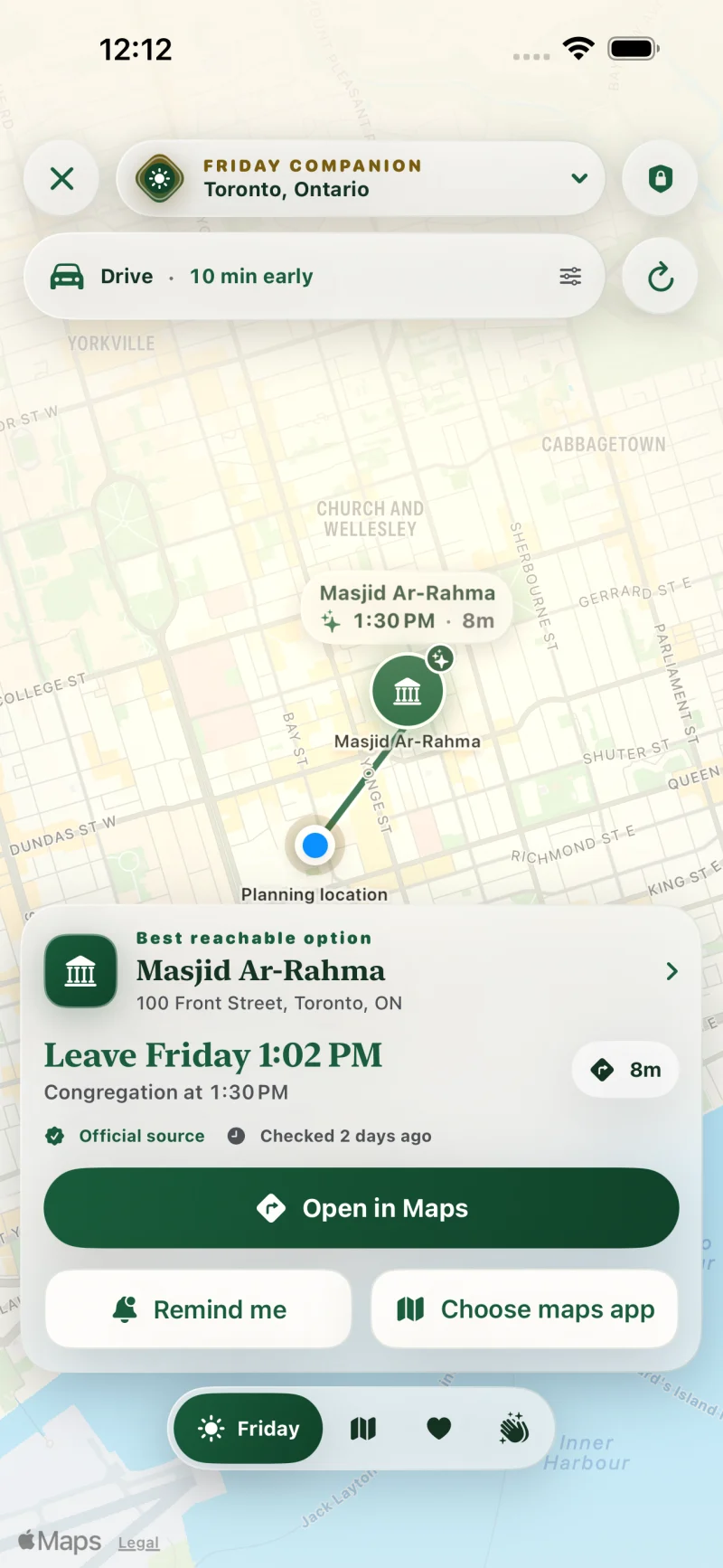 Friday Companion preview showing a route to Masjid Ar-Rahma and a suggested departure time