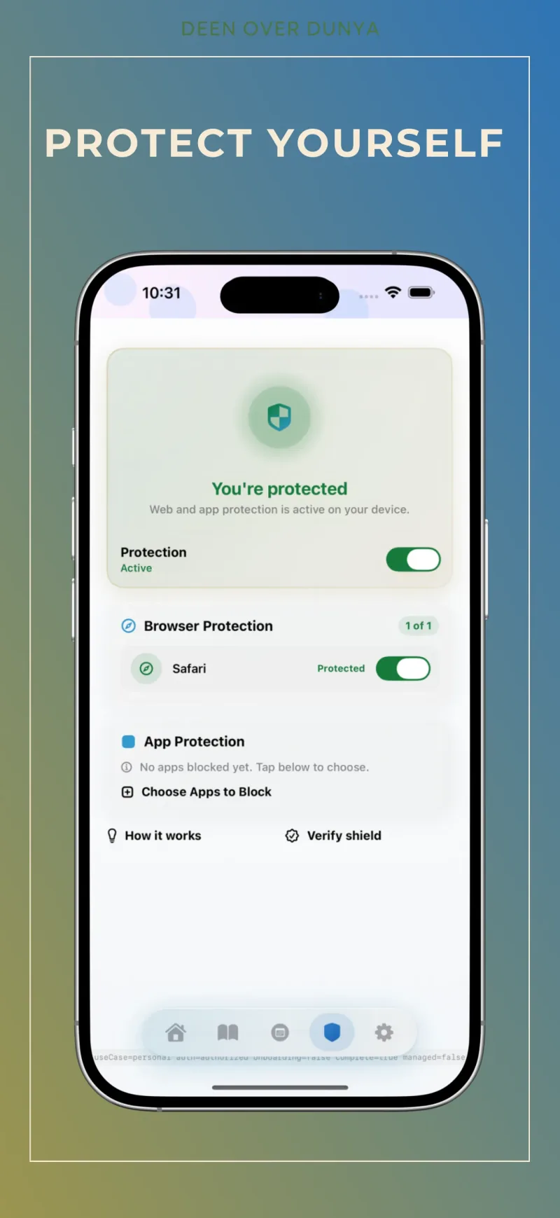 Personal protection setup in Deen Over Dunya using Apple Screen Time controls