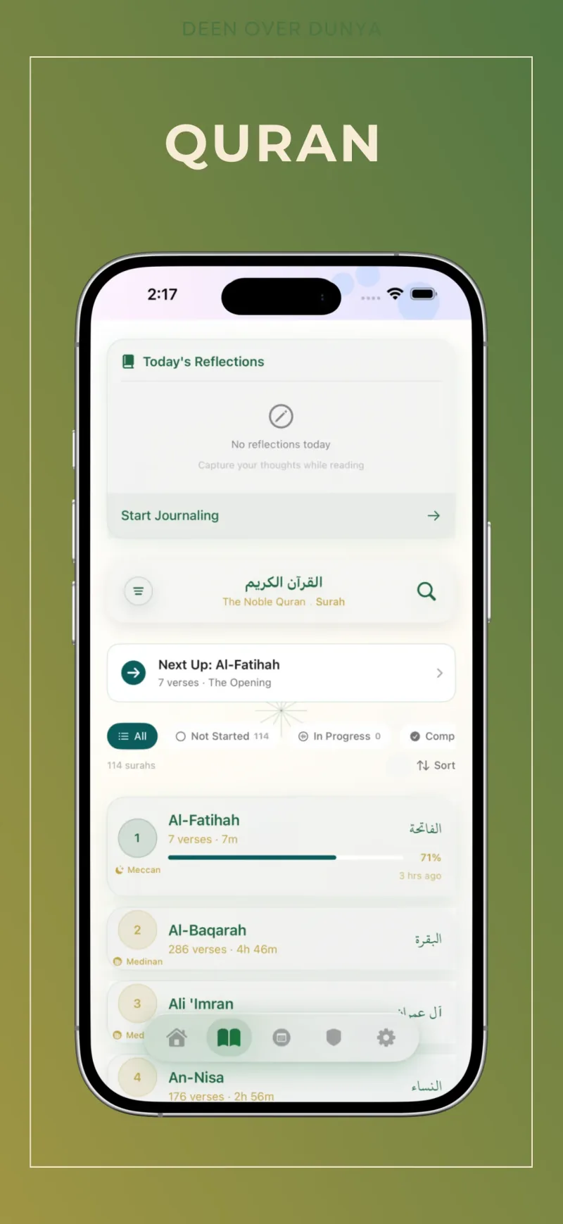 Deen Over Dunya Quran reader with Arabic Mushaf text