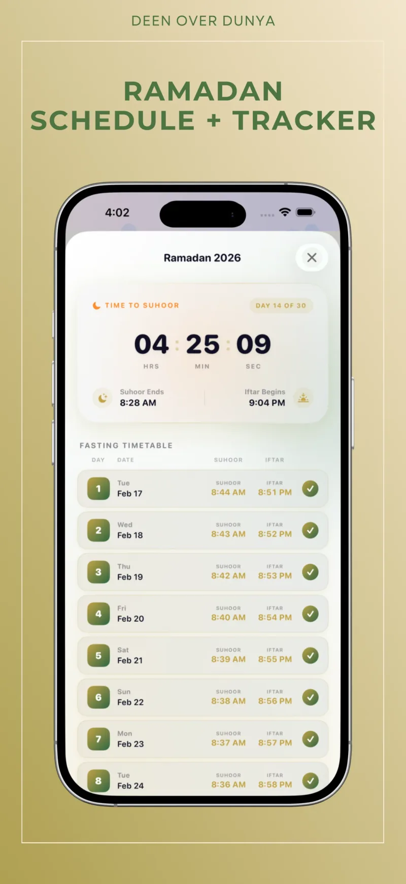Prayer-aware Ramadan schedule and habit tracking in Deen Over Dunya